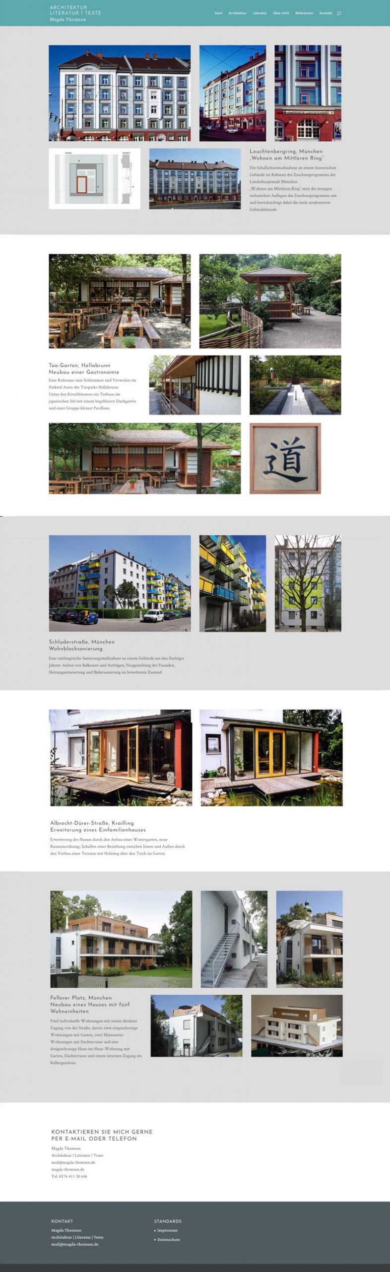Architektur-Webseite: Unterpunkte werden in quadratischen Links zusammengefasst